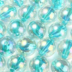UV Plating Transparent Rainbow Iridescent Acrylic Beads, Round, Cyan, 16x15.5mm, Hole: 3mm(OACR-F004-01F)