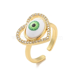 Cubic Zirconia Heart with Evil Eye Open Cuff Ring with Acrylic, Real 18K Gold Plated Brass Jewelry for Women, Cadmium Free & Lead Free, Lawn Green, US Size 6 1/2(16.9mm)(RJEW-B042-05G-01)