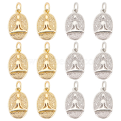 20Pcs 2 Colors Brass Pendants, with Jump Ring, Long-Lasting Plated, Textured, Oval with Yoga Human, Real Gold Plated & Real Platinum Plated, 16x10x2mm, Hole: 3mm, 10pcs/color(KK-BC0009-56)