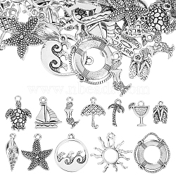 72Pcs 12 Style Beach Theme Tibetan Style Alloy Pendants, Mixed Shapes, Antique Silver, 15~25x8.5~27x1~4.5mm, Hole: 1.5~3mm, 6pcs/style(FIND-SC0003-10)