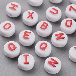 Opaque White Acrylic Beads, with Glitter Powder, Horizontal Hole, Flat Round with Random Letters, FireBrick, 10x6mm, Hole: 2mm, about 1560pcs/500g(MACR-N008-45A)