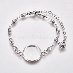 Valentine's Day 304 Stainless Steel Bracelet Making, with Lobster Claw Clasps, Flower Link Chains and Flat Round Cabochon Settings, Stainless Steel Color, Tray: 16mm, 6 inch(15.3cm)(STAS-L248-007P)