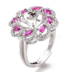 Adjustable Brass Finger Ring Components, with Micro Pave Cubic Zirconia, For Half Drilled Beads, Long-Lasting Plated, Flower, Fuchsia & Clear, Platinum, US Size 7 1/2, Inner Diameter: 17.8mm, Tray: 10mm(ZIRC-I049-02P)