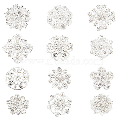 Elite Rhinestone Flower Safety Pin Brooch, Silver Plated Alloy Badges for Backpack Clothes, Crystal, 19.5~28.5x20~28.5x4~8mm, pin: 0.8mm, 12 styles, 1pc/style, 12pcs/set, 1 set/box(JEWB-PH0001-25)