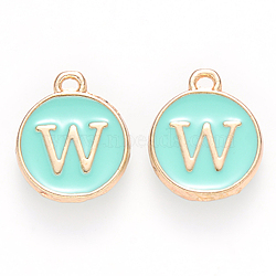 Golden Plated Alloy Enamel Charms, Cadmium Free & Lead Free, Enamelled Sequins, Flat Round with Letter, Turquoise, Letter.W, 14x12x2mm, Hole: 1.5mm(ENAM-S118-05W)