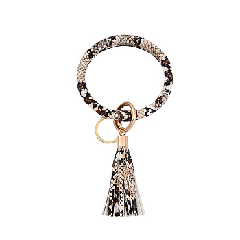Snakeskin Pattern PU Imitaition Leather Bangle Keychains, Wristlet Keychain with Tassel & Alloy Ring, Linen, 200x100mm