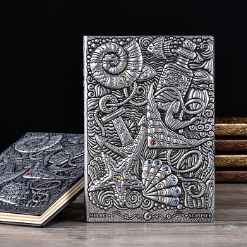 3D Embossed PU Leather Notebook, for School Office Supplies, A5 Ocean Theme Pattern Journal, Antique Silver, 215x145mm
