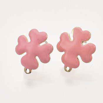 Iron Enamel Stud Earring Findings, with Raw(Unplated) Pin and Loop, Clover, Light Gold, Salmon, 16x13.5x2.5mm, Hole: 1mm, Pin: 1mm