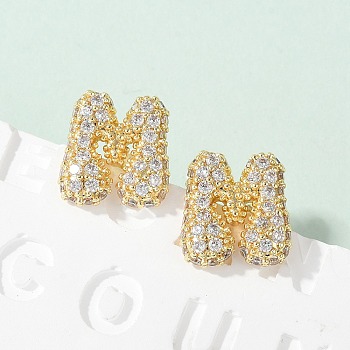 Brass Micro Pave Cubic Zirconia Stud Earrings, Rack Plating, Long-Lasting Plated, Real 18K Gold Plated, Letter M, 13x12mm