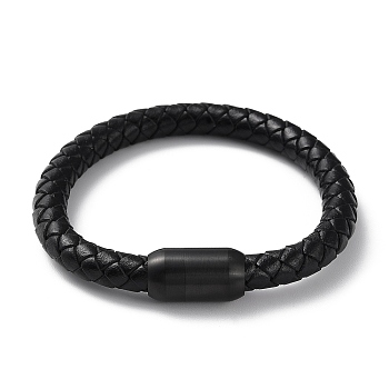 Leather Braided Round Cord Bracelet, with 304 Stainless Steel Magnetic Clasps for Men Women, Black, 8-1/4 inch(21.1cm)