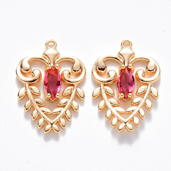 Brass Glass Pendants, Nickel Free, Heart, Real 18K Gold Plated, Deep Pink, 17x12x3mm, Hole: 0.8mm
