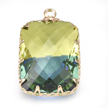 K9 Glass Pendants, with Brass Findings, Faceted, Rectangle, Golden, Colorful, 22x14x8mm, Hole: 1.5mm