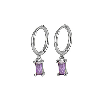 Platinum Rhodium Plated 925 Sterling Silver Dangle Hoop Earrings for Women, Rectangle, Lilac, 19.8mm