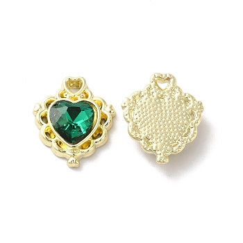 Alloy Pendant, with Glass, Light Gold, Lead Free & Cadmium Free, Heart Charm, Green, 17x15x5mm, Hole: 1.5x2mm