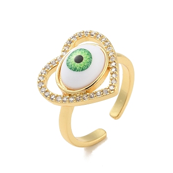 Cubic Zirconia Heart with Evil Eye Open Cuff Ring with Acrylic, Real 18K Gold Plated Brass Jewelry for Women, Cadmium Free & Lead Free, Lawn Green, US Size 6 1/2(16.9mm)