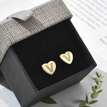 Rack Plating Brass Micro Pave Clear Cubic Zirconia Stud Earrings, Heart, Letter V, 8.5x9.5mm