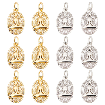20Pcs 2 Colors Brass Pendants, with Jump Ring, Long-Lasting Plated, Textured, Oval with Yoga Human, Real Gold Plated & Real Platinum Plated, 16x10x2mm, Hole: 3mm, 10pcs/color