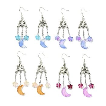 4 Pairs 4 Colors Glass Moon with Star Long Drop Earrings, Brass Chandelier Earrings for Women, Mixed Color, 71.5x17mm, 1 Pair/color