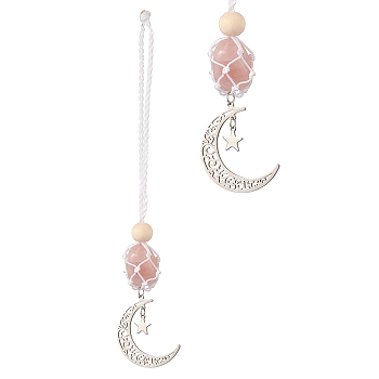 Moon 201 Stainless Steel Pendant Decorations, Wood Beads and Natural Rose Quartz Nuggets Beads Nylon Thread Hanging Ornament, 165~171mm