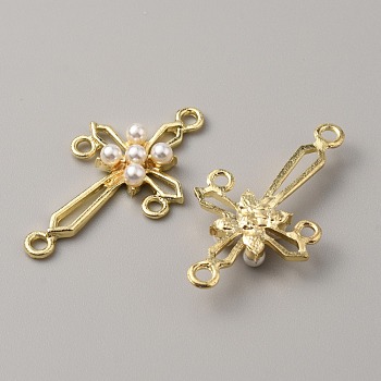 Rack Plating Alloy Chandelier Componenent Links, with Resin Imitation Pearl Beads, Cross, Light Gold, 39x22x5mm, Hole: 2mm