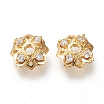 4-Petal Brass Bead Caps, with Clear Cubic Zirconia, Long-Lasting Plated, Flower, Golden, 7x3mm, Hole: 1.5mm