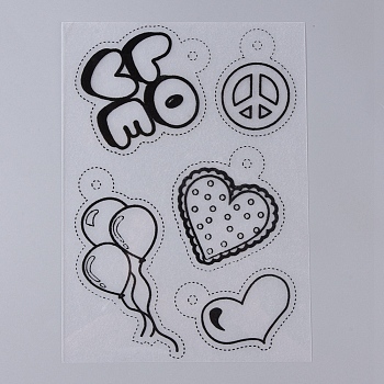 Plastic Heat Shrink Film Paper, with Different Patterns for Kids Adults Creative DIY Craft, Heart & Balloon & Peace Sign & Word LOVE Pattern, Black, 200~210x140~153x0.3mm
