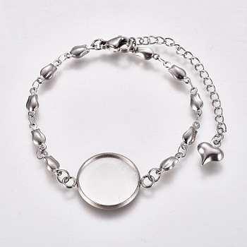 Valentine's Day 304 Stainless Steel Bracelet Making, with Lobster Claw Clasps, Flower Link Chains and Flat Round Cabochon Settings, Stainless Steel Color, Tray: 16mm, 6 inch(15.3cm)