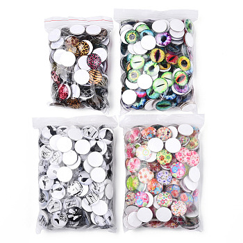 Mixed Pattern Half Round/Dome Printed Glass Cabochons, Mixed Color, 14x5mm
