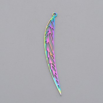 Ion Plating(IP) 201 Stainless Steel Pendants, Laser Cut, Leaf, Rainbow Color, 49.5x8x1mm, Hole: 1.4mm
