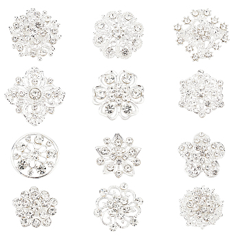 Elite Rhinestone Flower Safety Pin Brooch, Silver Plated Alloy Badges for Backpack Clothes, Crystal, 19.5~28.5x20~28.5x4~8mm, pin: 0.8mm, 12 styles, 1pc/style, 12pcs/set, 1 set/box