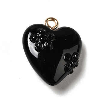 Opaque Resin Pendants, with Golden Tone Iron Loops, Heart with Flower, Black, 20x17x8.5mm, Hole: 2mm