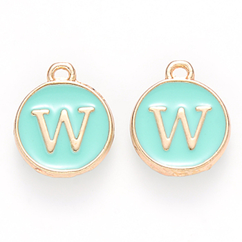 Golden Plated Alloy Enamel Charms, Cadmium Free & Lead Free, Enamelled Sequins, Flat Round with Letter, Turquoise, Letter.W, 14x12x2mm, Hole: 1.5mm