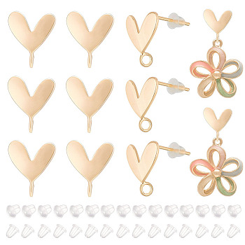 12Pcs Brass Stud Earrings Finding, with 925 Silver Pin and Vertical Loops, Heart, with 30Pcs Plastic Ear Nuts, Real 16K Gold Plated, 12.5x11mm, Hole: 2mm, Pin: 0.7mm