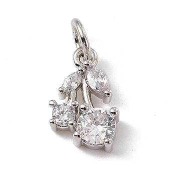 Brass Micro Pave Cubic Zirconia Charms, with Jump Rings, Cherry Charms, Platinum, 12x7.5x3mm, Hole: 3.4mm