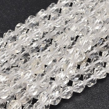Faceted Natural Quartz Crystal Beads Strands, Rock Crystal Beads, Star Cut Round Beads, 6x5mm, Hole: 1mm, about 64pcs/strand, 15.7 inch