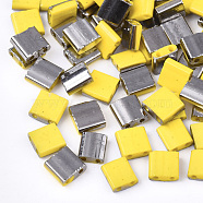 Electroplate Opaque Glass Seed Beads, 2-Hole, Rectangle, Black Plated, Yellow, 5x4.5~5.5x2~2.5mm, Hole: 0.5~0.8mm(SEED-S023-18C-04B)