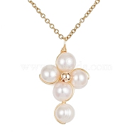 Grade A Natural Pearl Beaded Cross Pendant Necklace for Women, Ion Plating(IP) 304 Stainless Steel Necklace, Golden, 17.83 inch(45.3cm)(NJEW-JN04414)