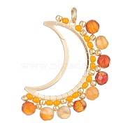 Natural Red Agate Faceted Round Pendants, Brass Open Back Bezel Moon Charms with Glass Seed Beads, Golden, Dyed & Heated, 32x23x3.5mm, Hole: 3.4mm(PALLOY-MZ00169-04)