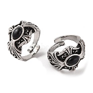 Oval Resin Finger Ring, Cross Alloy Open Cuff Rings, Antique Silver, Cadmium Free & Lead Free, Black, 18mm, Inner Diameter: Adjustable (RJEW-B107-14AS-02)