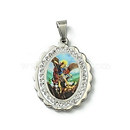 304 Stainless Steel Pendants, with Rhinestone and Enamel, Oval with Saint Charm, Stainless Steel Color, Colorful, 35.5x27x4.5mm, Hole: 9.5x4mm(STAS-H192-05P-03)
