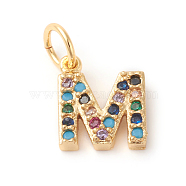 Brass Micro Pave Colorful Cubic Zirconia Charms, Golden, Letter.M, 9x8x2mm, Hole: 3mm(X-ZIRC-F092-01-M)