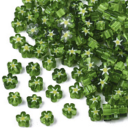 Glass Beads, Flower, Green, 5~7x5~7x2~3mm, Hole: 1mm(GLAA-T019-10-A01)