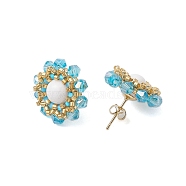 Flower Glass Seed Beaded with Natural Mashan Jade Stud Earrings for Women, Light Gold, Light Sky Blue, 20mm(EJEW-MZ00208-01)