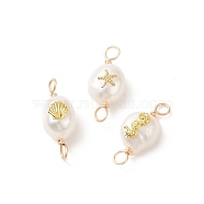 3Pcs 3 Patterns Grade AA Natural Cultured Freshwater Pearl Connector Charms with Alloy Slices, Two Sides Polished, with Copper Wire Double Loops, Sea Horse & Shell & Starfish Pattern, Golden, 20~21x8~9x6~8mm, Hole: 2.5mm, 1pc/pattern(PALLOY-JF01996)