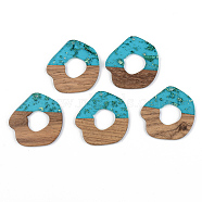 Transparent Resin & Walnut Wood Pendants, with Gold Foil, Dark Turquoise, 38x38x3mm, Hole: 2mm(RESI-S389-050A-B03)