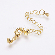 Long-Lasting Plated Brass Chain Extender, with Lobster Claw Clasps and Bead Tips, Real 24K Gold Plated, 20mm, Extend Chain: 69mm, Bead Tips: 8x3.5mm, Inner: 3mm, Clasps: 12x6x2.5mm(X-KK-F711-11G)