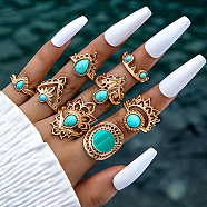 8Pcs 8 Style Synthetic Turquoise Finger Rings Sets, Crown & Flower Alloy Stackable Rings, Golden, Inner Diameter: 16~18mm, 1Pc/style(PW-WG41930-03)