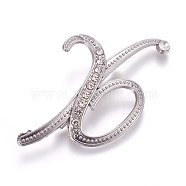 Alloy Brooches, with Rhinestone, Letter, Letter.X, Platinum, 63x38x3.5mm, Pin: 1mm(JEWB-WH0005-01X-P)