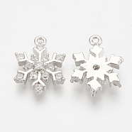 Brass Micro Pave Cubic Zirconia Charms, Snowflake, Nickel Free, Real Platinum Plated, 14x11x3mm, Hole: 1mm(ZIRC-Q014-001P)