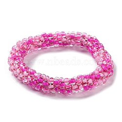 Crochet Glass Beads Braided Stretch Bracelet, Nepel Boho Style Bracelet, Fuchsia, Inner Diameter: 1-3/4 inch(4.5cm)(BJEW-K232-01K)